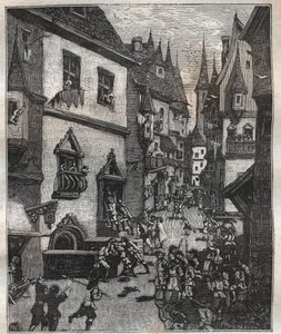 On 20 May 1636 eight counterfeiters were arrested in rue Champfleuri by two police commissioners accompanied by a dozen sergeants - in Paris a travers les siecles by Nicolas Jules Henri Gourdon de Genouillac (1826-1898).