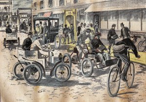On 5 Oct.1899, Under-Secretary of State at the Post Office Leon Mougeot Presided Over the First Tests of Bicycles and Various Automobiles for the Lift of Mail, at the Central Post Office of the XII Arrondissement of Paris. Engraving in 