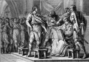 On the death of Clotaire I, his four sons each received part of the kingdom (engraving) by French School
