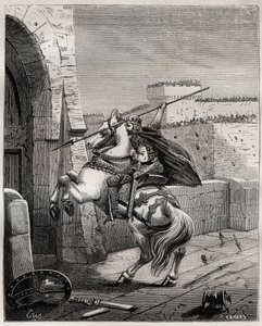 Otto II, Holy Roman Emperor before Paris - Otto II of the Holy Empire, known as the Red (955-983) irritates not being able to penetrate Paris (Paris siege, 978), advances under the walls of the city to plant his spear in the door - engraving