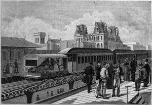 Overview of the Elevated Railroad Station and Electric Train in New York, USA. Engraving in 