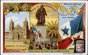 Panama: the cathedral, the statue of Columbus, the flag