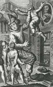 Pantagruel grabbing Limousin by the throat, illustration from 