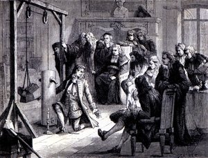 Papin (1647 - 1714) experiments with his powder machine before the professors of the University of Marburg - in Album of Science; illustrious scientists; Great discoveries 1896 by French School