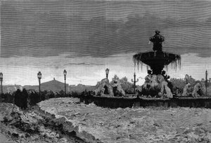 Paris under the snow, winter 1879-1880: view of one of the fountains of Place de la Concorde during the frost. Engraving by Scott in 