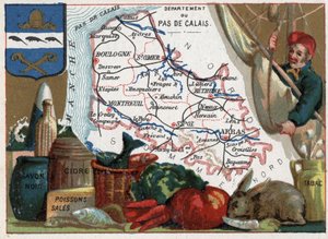 Pas de Calais (62), Nord Pas de Calais, France. Local specialities: black soap, dirty fish, cider and tobacco. Series on the French Departments. Chromolithography the geographic thread, circa 1920. Private collection by French School