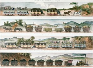 Passengers and freight on the first French line opened between Lyon and St. Etienne, 1829