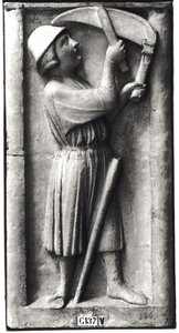 Peasant sharpening his scythe for the haymaking, representing the month of June, from the Portal of the Virgin on the West Facade by French School