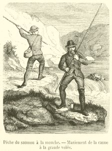 Salmon Fishing with a Fly, Handling the Rod with a Great Cast (engraving) by French School