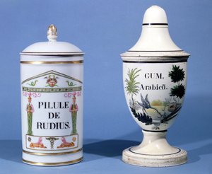 Pharmaceutical jars for Pilule de radius and Gum Arabic by French School