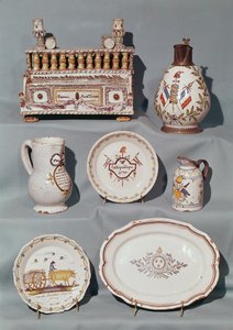 Plates, Dish, Jug, Tobacco Jar; Writing Case and Tankard Inscribed with French Revolutionary Motifs and Slogans, end 18th century