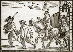 Mazarin flees from Paris on horseback, in the middle of the night, preceded by two valets carrying lanterns. Engraved wood 1651 by French School