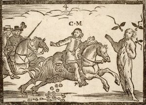 Political Pamphlets Mazarinade: Mazarin in His Flight Drops Ecus: The Shadow of Concini, Marshal of Anchor, Stands Before Him. Engraved Wood 1651 by French School