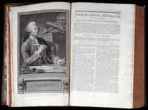 Portrait of Alembert and a text page of the Encyclopedia of Diderot and Alembert by French School