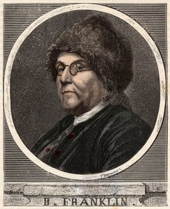 Portrait of Benjamin Franklin (1706-1790) American printer, publisher, scientist, inventor, statesman and diplomat - Engraving in 