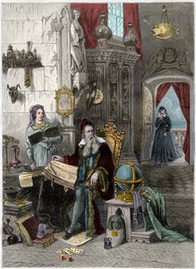 Portrait of Nostradamus, Michel de Notre Dame (1503-1566), French Astrologer and Doctor with Catherine de Medicis (1519-1589) - 19th Century Engraving