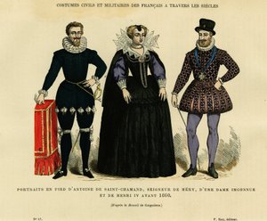 Portraits before 1600, of Antoine de Saint Chamand, lord of Mery sur Oise, and of the King of France Henry IV, surrounding an unknown woman. Engraving in colours after the drawing by Gaignieres, in France et les francais a travers les siecles by French School