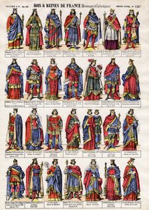 Portraits of the kings and queens of France of the Dynasty of Merovingians and Carolingians. Epinal imaging from the end of the 19th century. Private collection. by French School