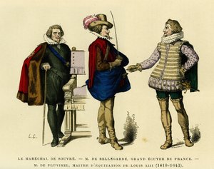 Portraits of the marechal of Souvre, of Roger de Saint Lary, Duke of Bellegarde, Grand Ecuyer of France and Antoine de Pluvinel, Master of Horse Riding of Louis XIII. Colour engraving, in France et les francais a travers les centuries by Augustin Challamel