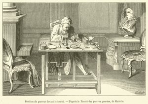 Position of the engraver in front of the grinding wheel by French School