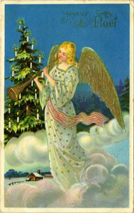 Postcard, Christmas greetings: angel with trumpet on clouds by French School