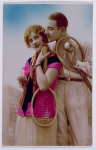 Postcard depicting lovers on a tennis court, c.1930 by French School