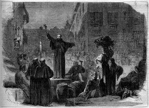 Predicator giving his sermon in the street of Toledo in Naples, Italy