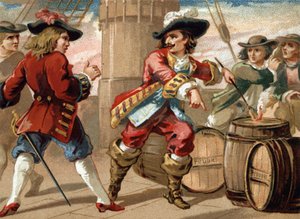 Privateer Jean Bart (1650-1702) threatened an English privateer who took him prisoner by threatening him to blow up his ship by setting fire to a barrel of powder by French School