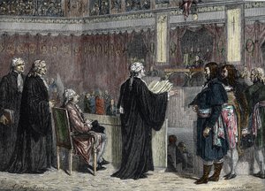 Trial of Louis XVI: Appearance of Louis XVI before the Deputies of the National Convention (colour engraving) by French School