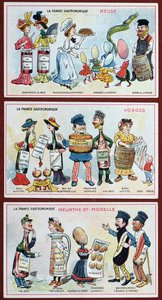 Promotional and educational cards for children depicting food specialities of the Lorraine region, c.1910
