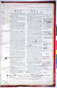 Proofing page with corrections of an edition of the French Academy dictionary