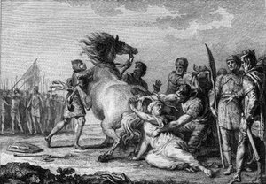 Punishment of Brunehaut, 613: Brunehaut or Brunehilde (543-613), queen of Austrasia, is attached to the tail of an indomitable horse before being dragged to the ground by French School