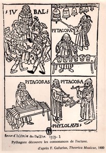 Pythagoras (c.580-500 BC) discovering the consonances of the octave, from Theorica Musicae by Franchino Gaffurio, first published in 1480, from Revue de l