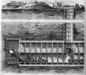 Railway: cross-section of an extraction and tunnel well used when drilling a tunnel (engraving in Le Magasin picturesque) by French School