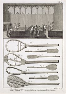 Real tennis and the construction of racquets, from the Encyclopedia by Denis Diderot, engraved by Robert Benard, published c.1770 by French School