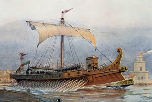 Reconstruction of Roman vessel leaving arsenal, France