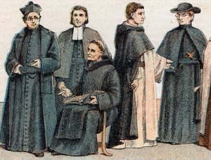 Religious costumes: portrait of a Jesuit, a Marist Brother, a Benedictine monk, a Dominican monk and an Oblate