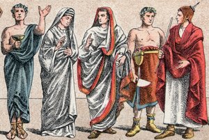 Religious costumes in Antiquity: portrait of a Greek priest, minister of sacrifice, a vestal, priestess of ancient Rome and a Great Pontiff in ancient Rome, a popa and a flamen Roman priest devoted to the worship of one god