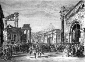 Representation of an opera: Rienzi by Richard Wagner. Scene from Act III (the Forum). Paris, Theatre Lyrique