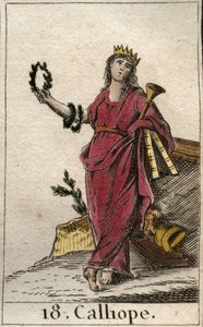 Representation of Calliope, muse of epic poetry, she holds in her hand a crown and the trumpet of the epic. From “Mythology of Youth” by Pierre Blanchard 1803