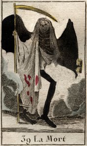 Representation of Death, winged skeleton dressed in black, holding a scythe. From 