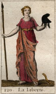 Representation of Liberty as a woman holding a Phrygian hat, and a spade. From 