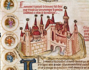 Representation of a fortified city similar to that of Jerusalem Page taken from the manuscript Genealogie de la Bible of the French school. 14th century Cremone, biblioteca governativa