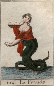 Representation of cheating (dishonesty), as a dangerous snake with a smiling head of woman. From 