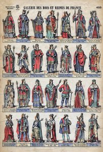 Representation of kings and queens of France from the Capetian dynasty (from Louis VII to Charles VIII). Illustration late 19th century by French School