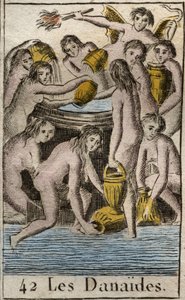 Representation of the Danaides, daughters of King Danaos, condemned to the Underworld, endlessly filling a bottomless barrel, for killing their cousins and husbands. From “Mythology of Youth” by Pierre Blanchard 1803