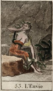 Representation of Envy, embodied by an old woman holding snakes while another woman eats her breast. From “Mythology of Youth” by Pierre Blanchard 1803.