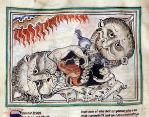 Representations of the creatures of the underworld beating the damned. Miniature taken from 
