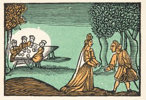Riquet with the Tuft, from Histories or Tales of Past Times Told by Mother Goose, With Morals, by M. Perrault, pub. 1925 (hand coloured woodblock print) by French School
