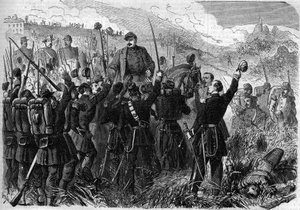 Risorgimento - Battle of Montebello della Battaglia (Italy), 21 May 1859: French general Elie Frederic Forey (1804 - 1872), commander of the Italian army, was triumphed by his soldiers after his victory over the Austrian army. Engraving in Le Monde Illu. by French School